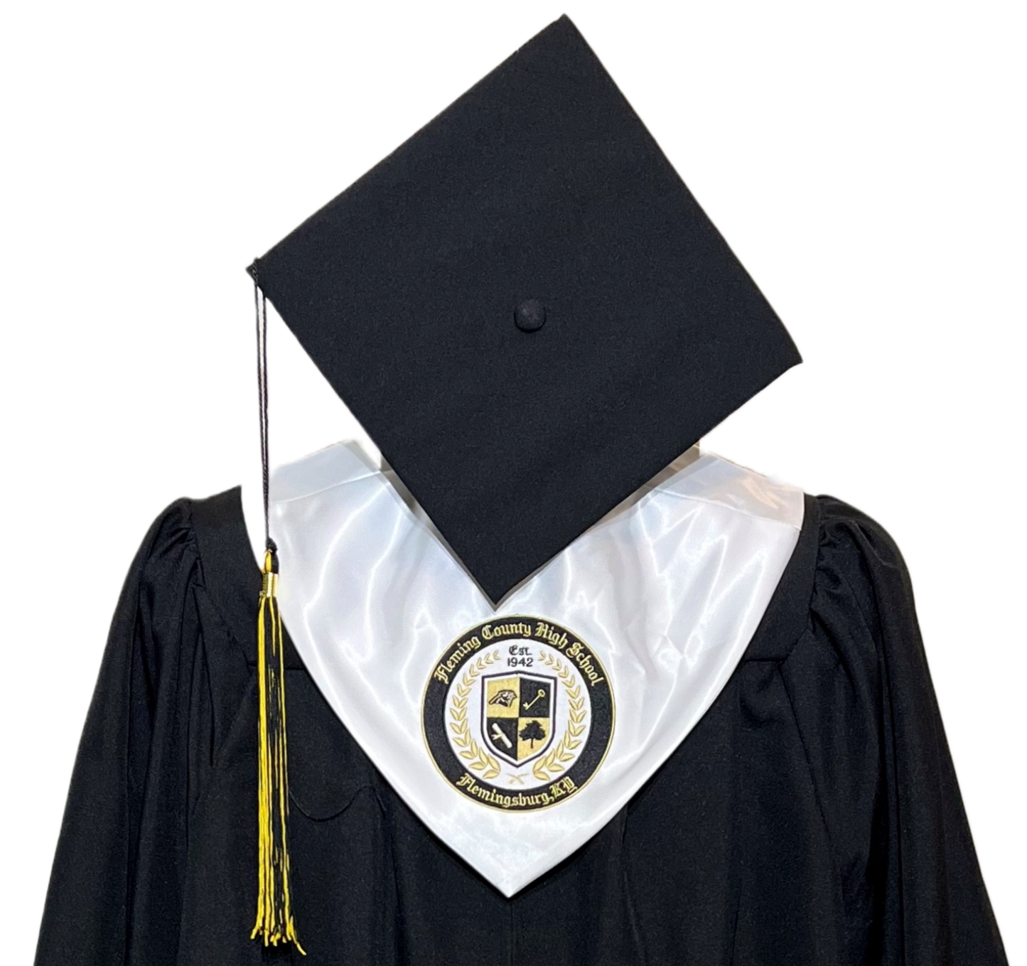 Official Fleming County High School Cap, Gown, Hood and Tassel combo.