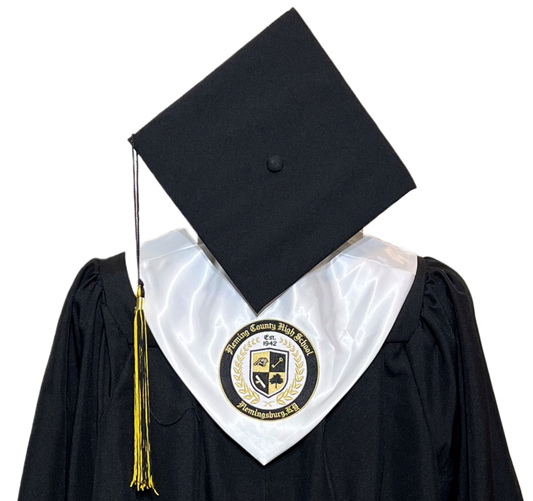 Official Fleming County High School Cap, Gown, Hood and Tassel combo.